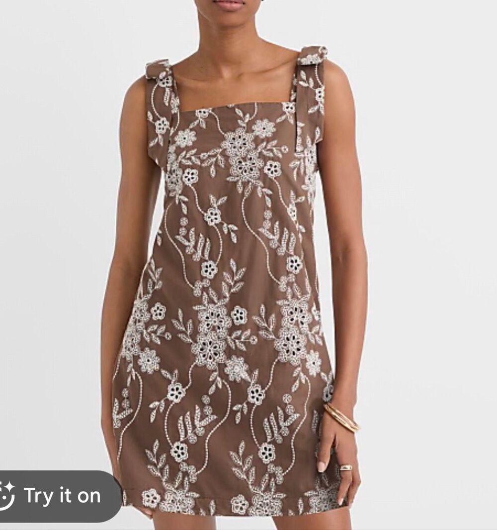 Loft NWT brown eyelet tie shoulder shift mini dress 4